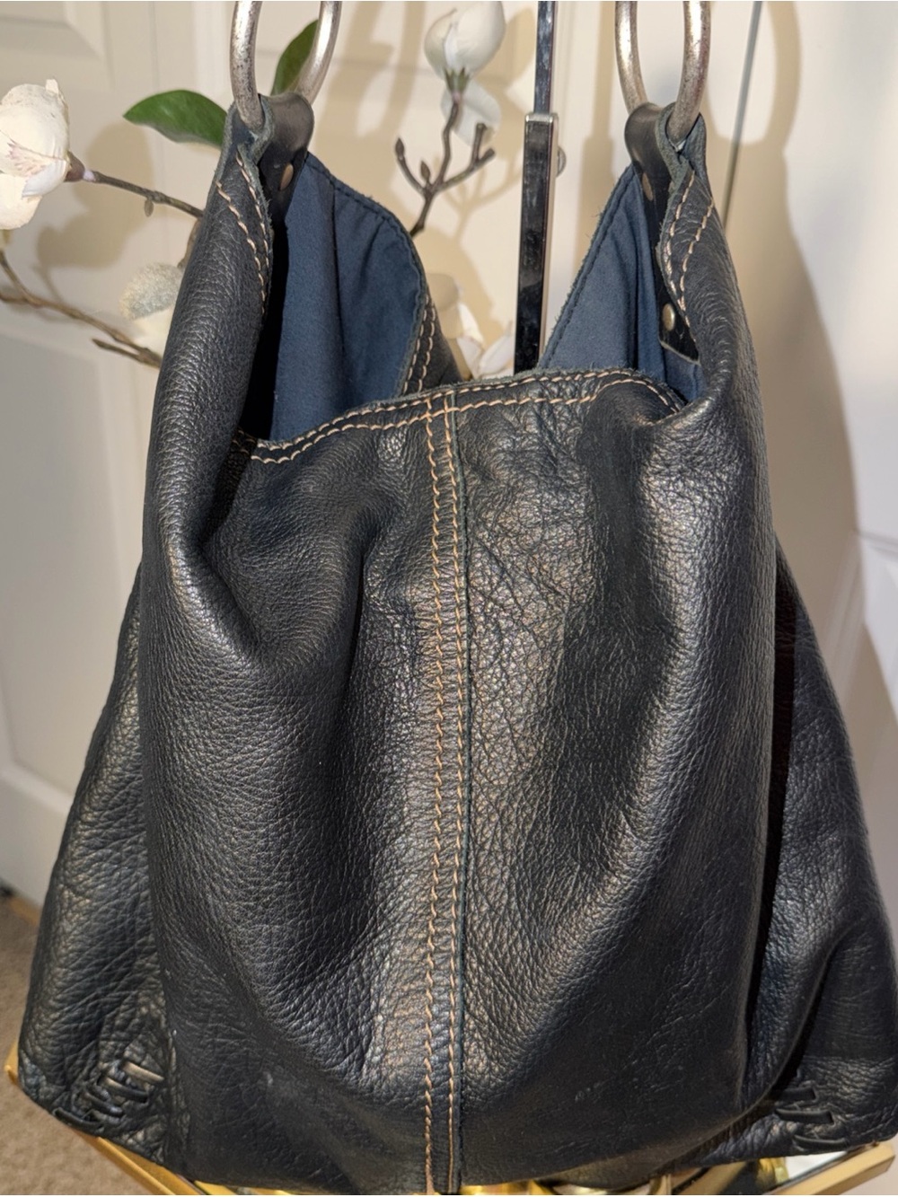 Lucky Brand Black Leather Shoulder Hobo with Contrast Stitching
